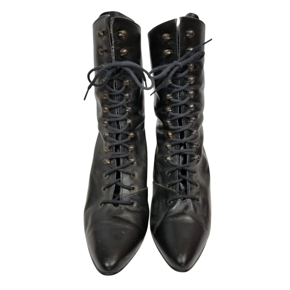 Poppies Black Leather Victorian Lace-up Boots Size 7.5 - Picture 2 of 12